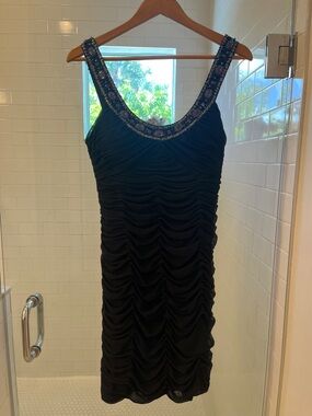 Cache Black Beaded Scoop Neck Ruched Mini Dress